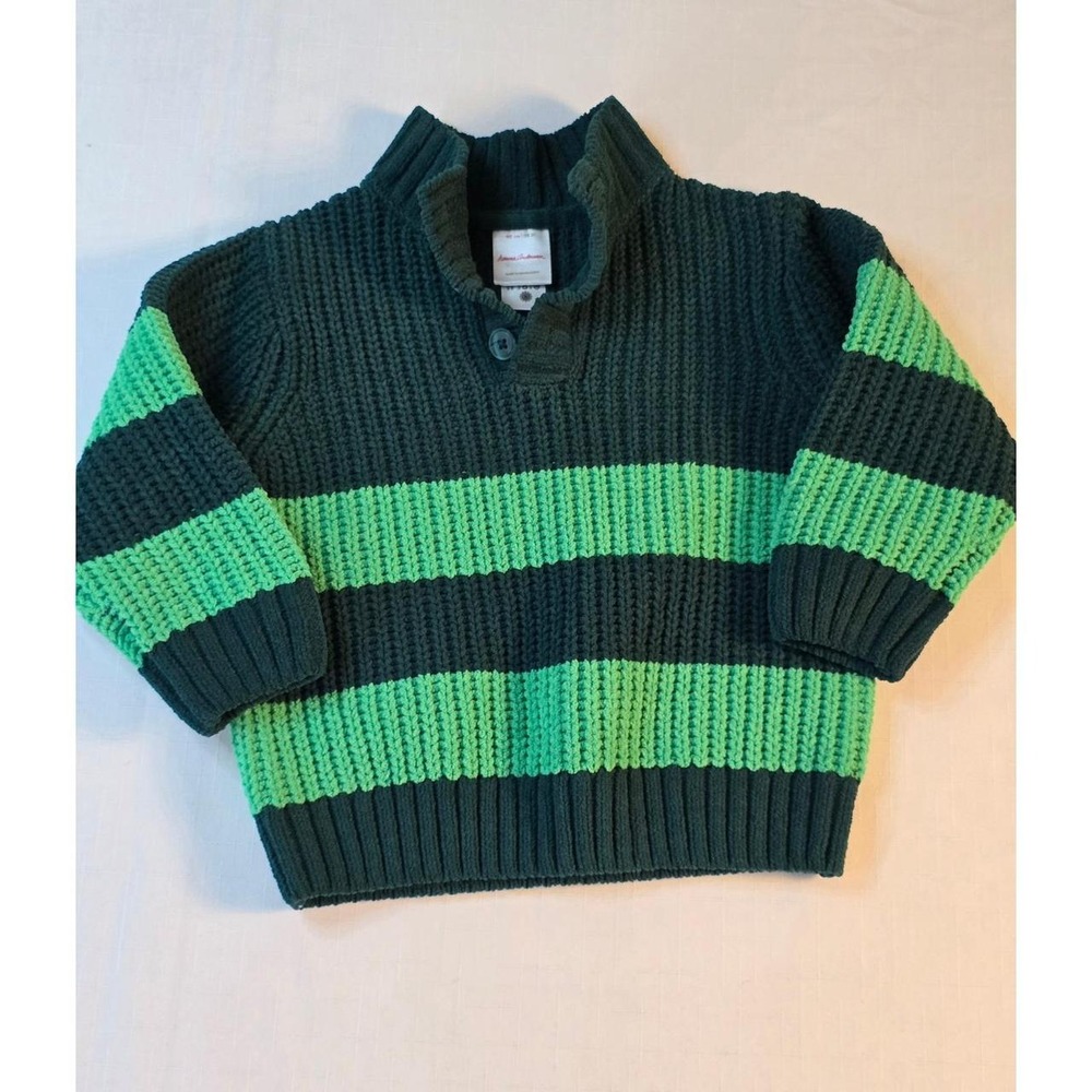 Hanna Andersson Kids 3T Striped Ribbed Knit Mock Neck Button Sweater Green Teal